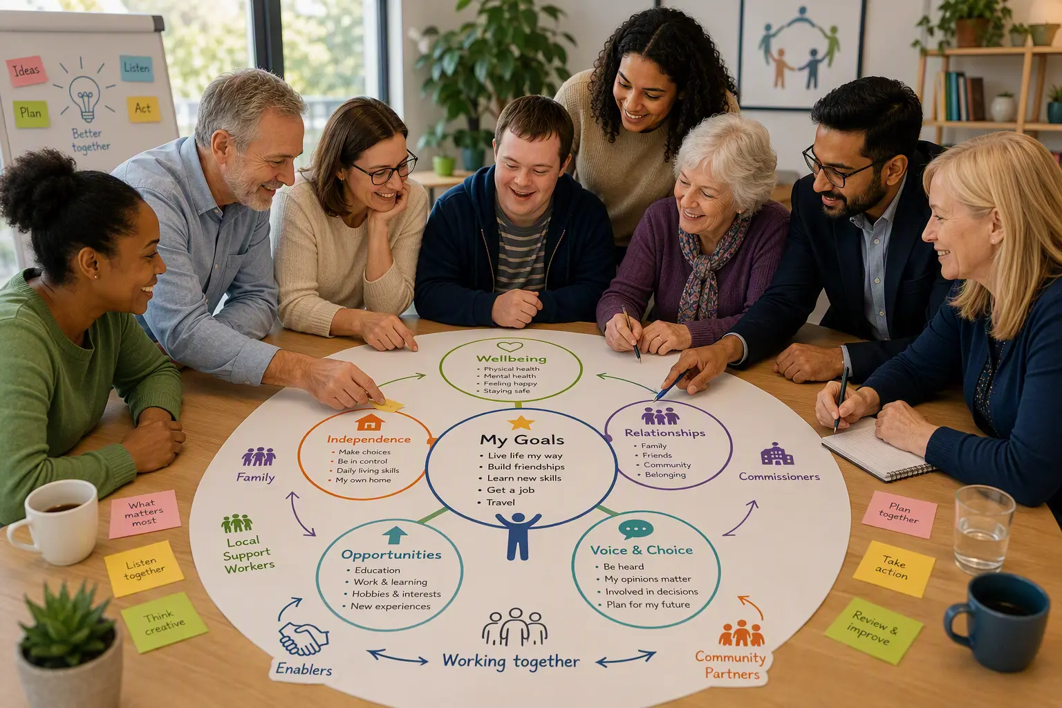 Diverse group collaborating around a personal goals planning chart