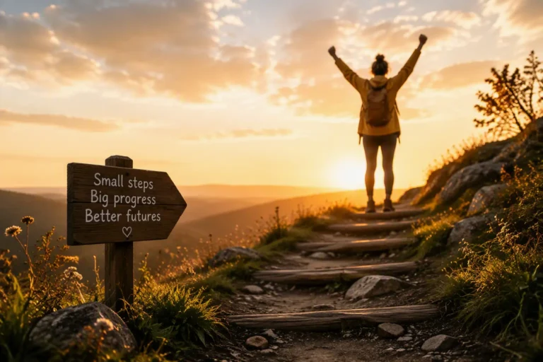 Hiker celebrating atop mountain trail at sunrise