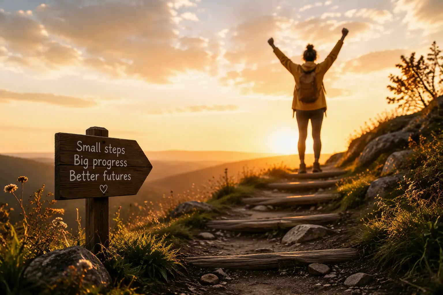 Hiker celebrating atop mountain trail at sunrise